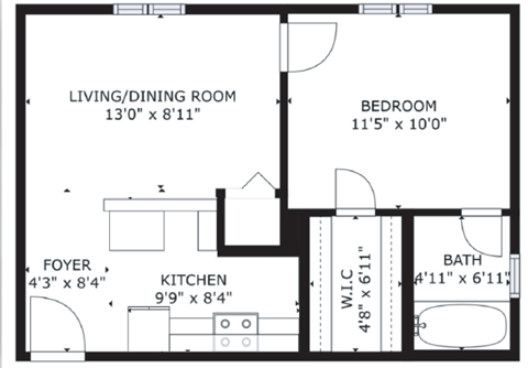 1 bed 1 bath floor plan G at The Eastern Apartments, Texas